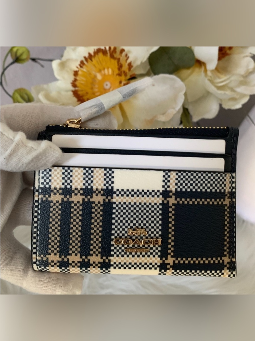 Coach Black and Cream Plaid Card Holder